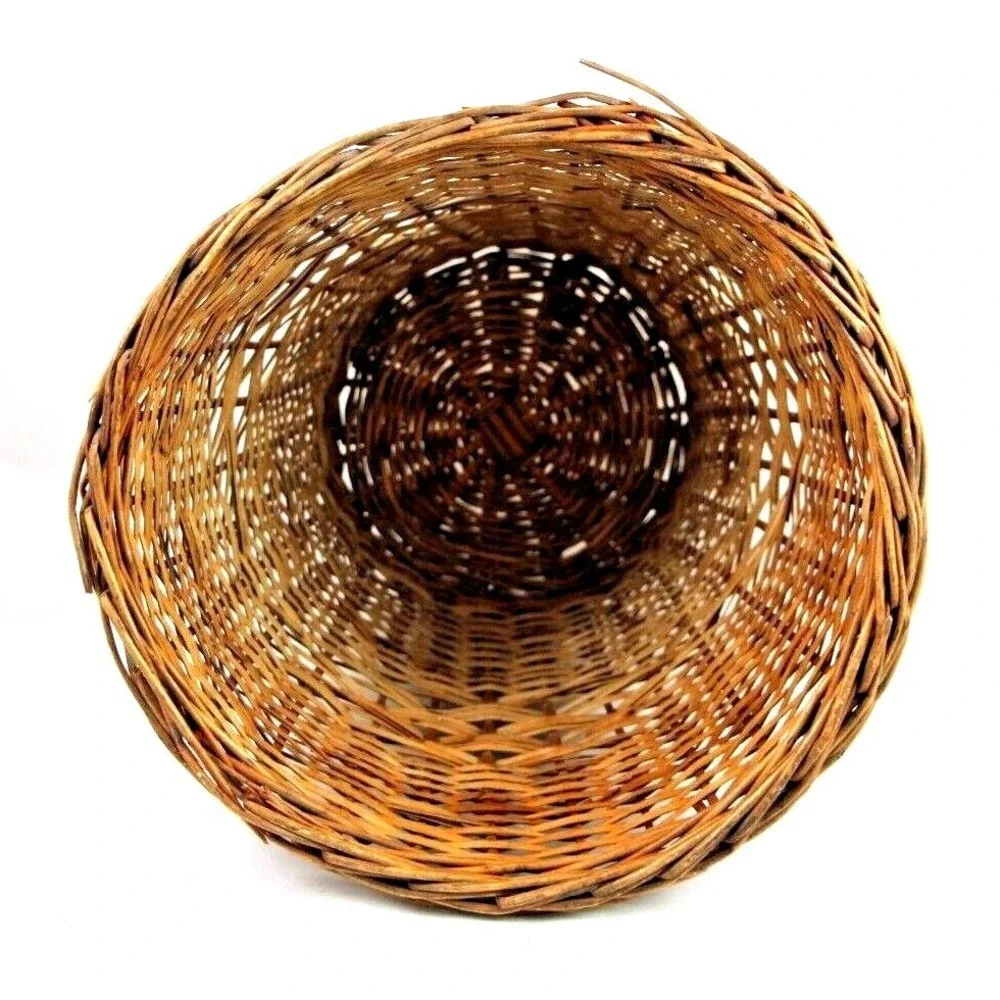 Vtg Wicker Rattan Waste Basket Trash Can Woven Plant Holder 14